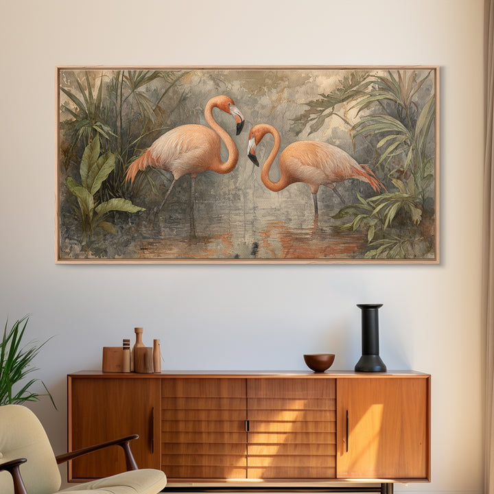 Flamingo Pair Beside Shallow Water Canvas Print, Patio Art, Contemporary Art, Patio Decor, Fine Art, Outdoor, Metal Art, PAT-2x1-54
