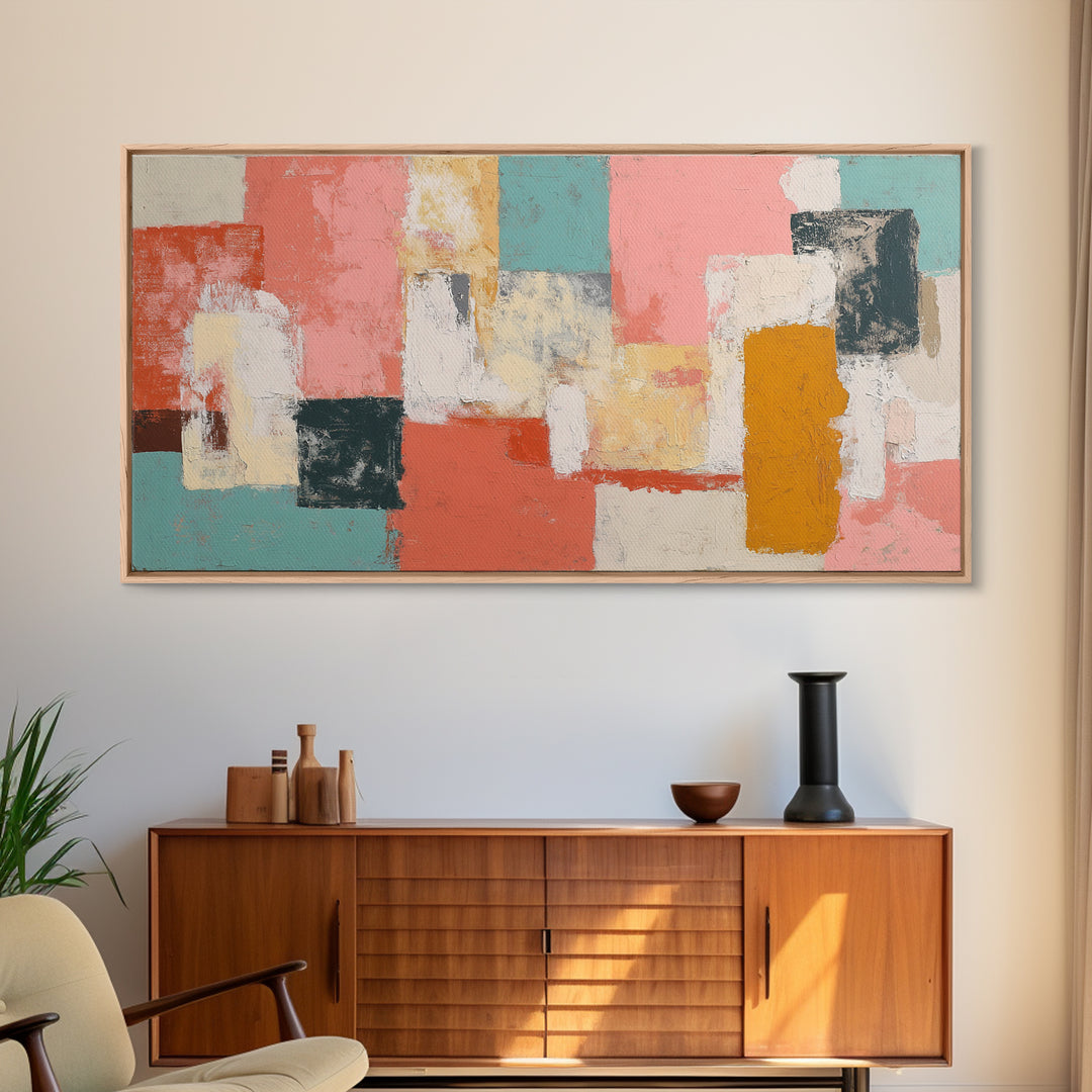 Bright Coral and Turquoise Abstract for Outdoors Framed Canvas Print, Patio Art, Metal Wall Art, Patio Decor, Abstract Art, PAT-2x1-56