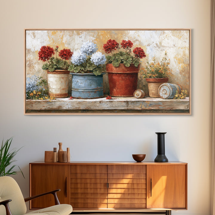 Potted Geraniums in Rustic Clay Pots Canvas Print, Patio Art, Wall Art, Patio Decor, Fine Art, Outdoor, Outdoor Wall Decor, PAT-2x1-58