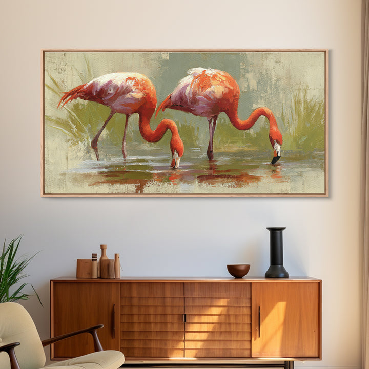 Flamingo Pair Beside Shallow Water Framed Canvas Print, Patio Art, Luxury Decor, Patio Decor, Fine Art, Outdoor, Wall Hanging, PAT-2x1-6