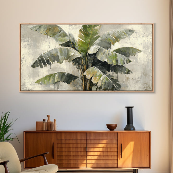 Banana Leaves with Rain Drop Details Framed Canvas Print, Patio Art, Wall Hanging, Patio Decor, Oil Painting, Outdoor, PAT-2x1-60