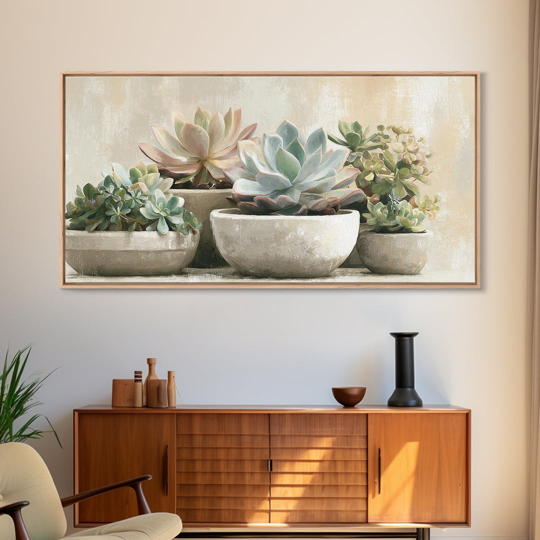 Succulent Collection in Ceramic Planters Framed Canvas Print, Patio Art, Metal Wall Art, Patio Decor, Abstract Art, Outdoor, PAT-2x1-65