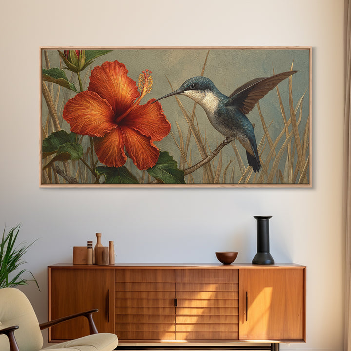 Hummingbird Visiting Bright Hibiscus Canvas Print, Patio Art, Lake House Decor, Patio Decor, Abstract Art, Outdoor, Boho Decor, PAT-2x1-71