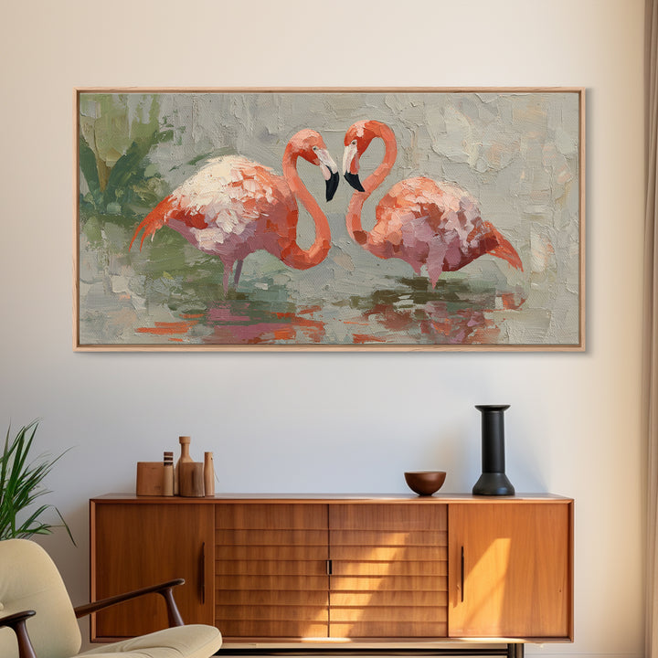 Flamingo Pair Beside Shallow Water Canvas Print, Patio Art, Contemporary Art, Patio Decor, Fine Art, Outdoor, Metal Art, PAT-2x1-78