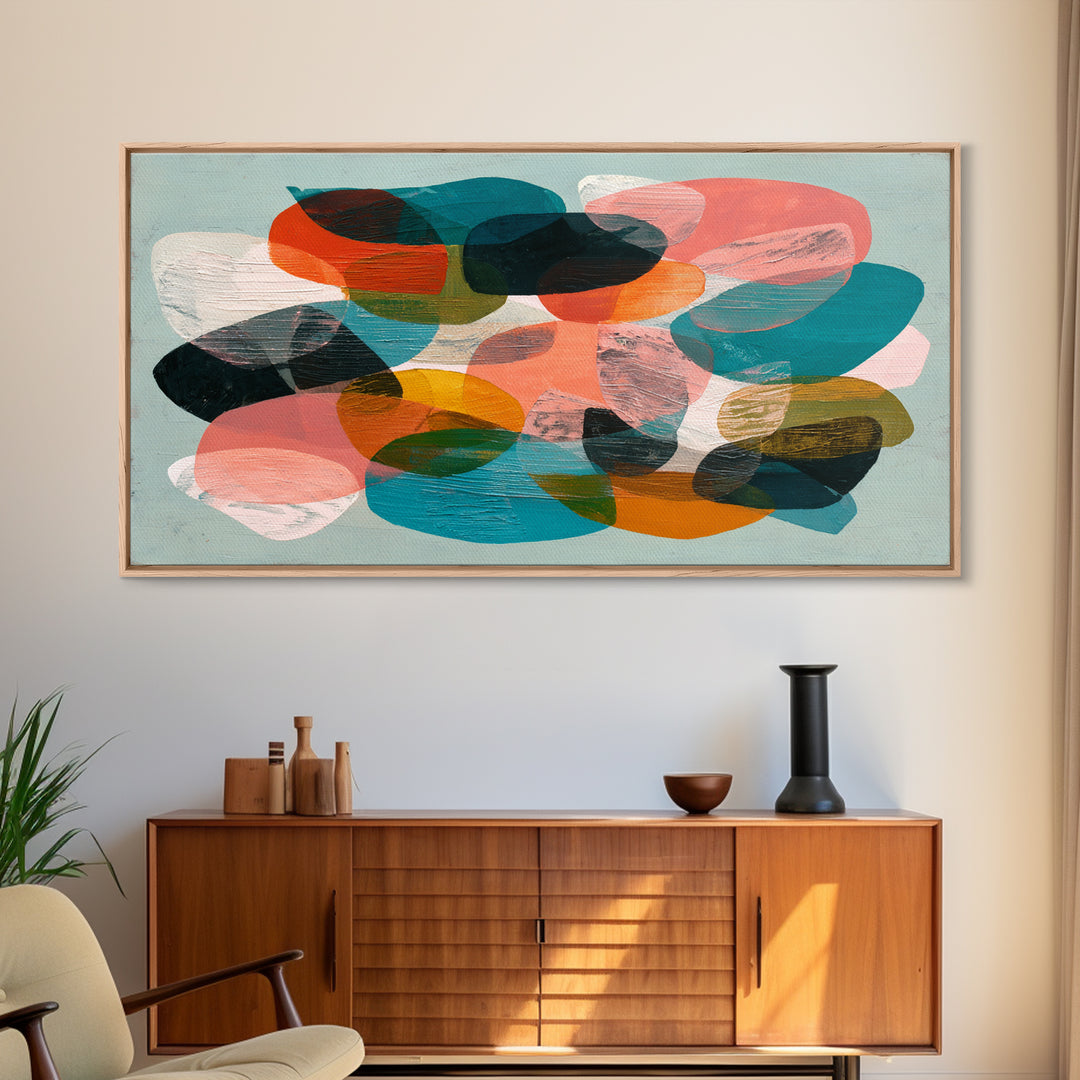 Bright Coral and Turquoise Abstract for Outdoors Framed Canvas Print, Patio Art, Luxury Decor, Patio Decor, Abstract Art, PAT-2x1-8