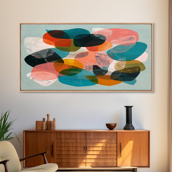 Bright Coral and Turquoise Abstract for Outdoors Framed Canvas Print, Patio Art, Luxury Decor, Patio Decor, Abstract Art, PAT-2x1-8