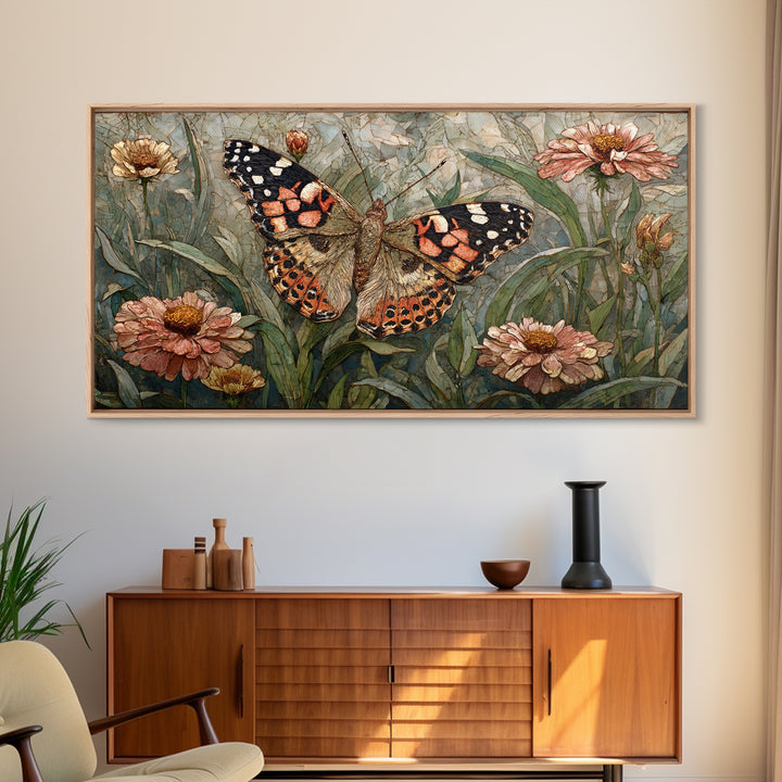 Butterfly Garden with Zinnias and Daisies Framed Canvas Print, Patio Art, Outdoor Wall Art, Patio Decor, Fine Art, Outdoor, PAT-2x1-81