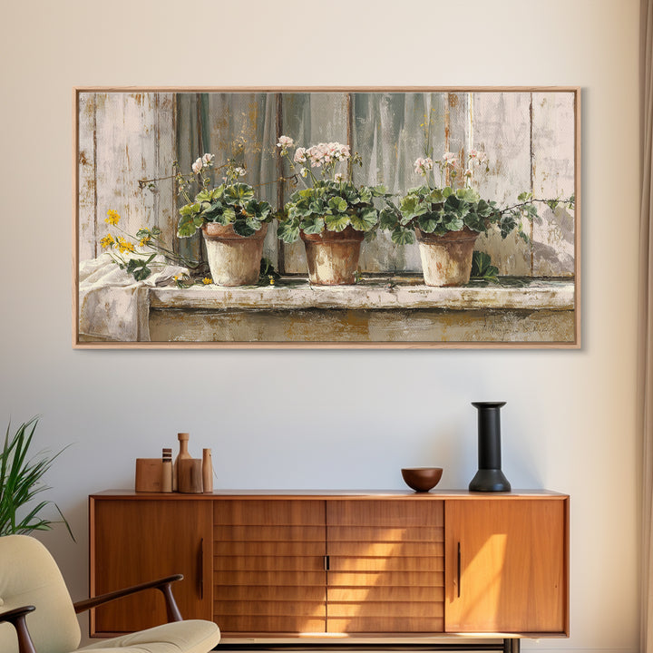 Potted Geraniums in Rustic Clay Pots Canvas Print, Patio Art, Wall Art, Patio Decor, Fine Art, Outdoor, Outdoor Wall Decor, PAT-2x1-82