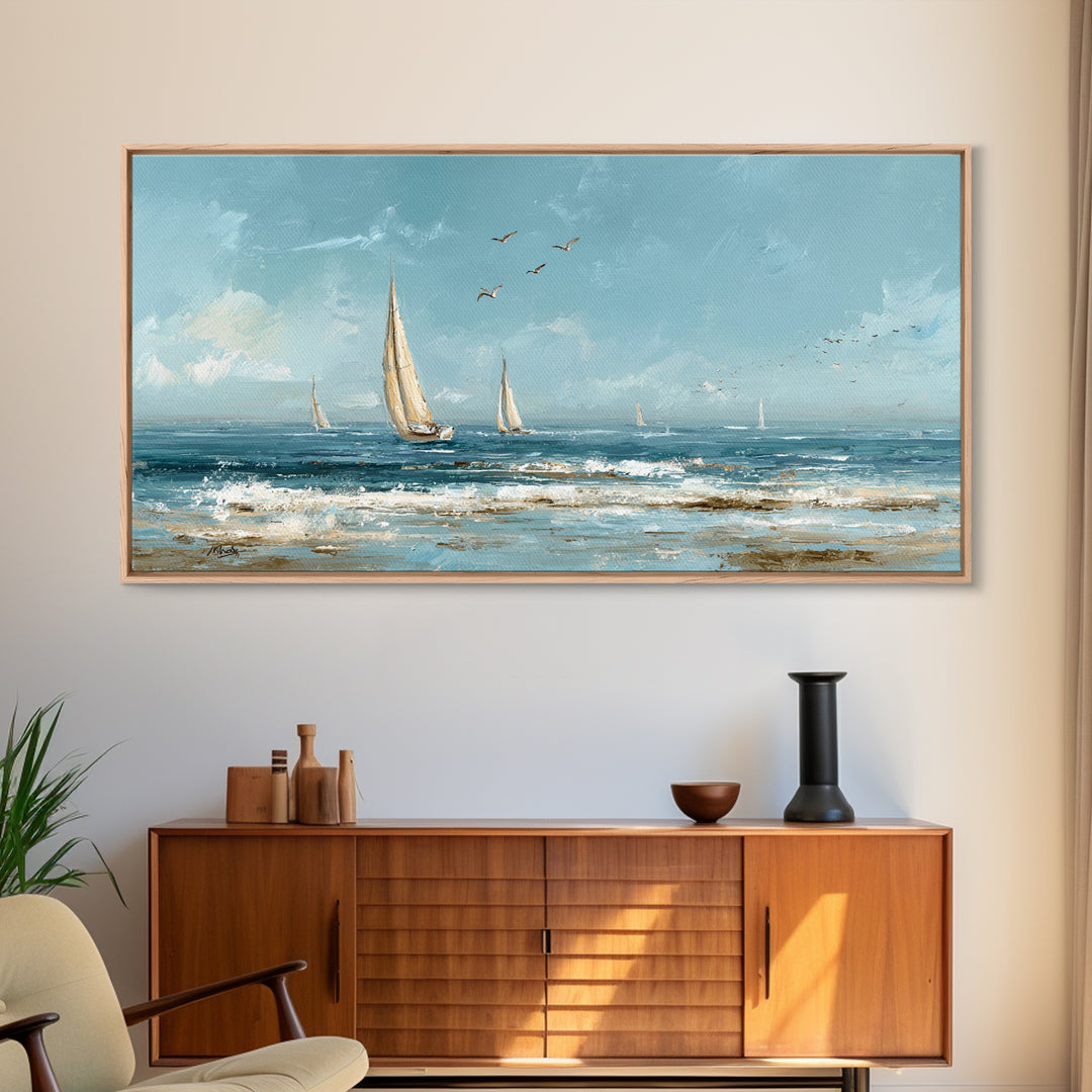 Sailboat on a Breezy Summer Horizon Framed Canvas Print, Patio Art, Contemporary Art, Patio Decor, Oil Painting, Outdoor, PAT-2x1-83