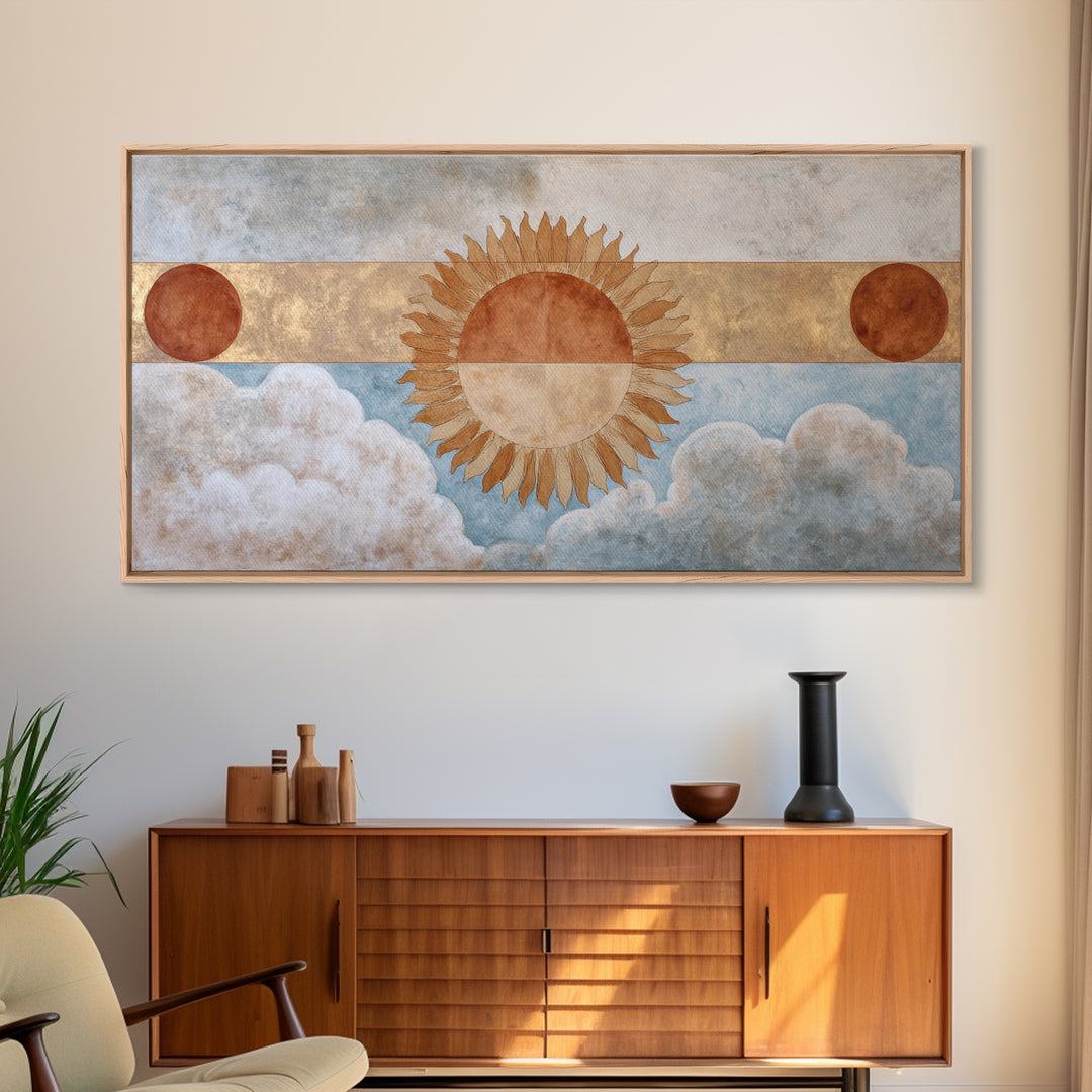 Sun Motif with Warm Terracotta Rays Framed Canvas Print, Patio Art, Home Decor, Patio Decor, Fine Art, Outdoor, Floral Wall Art, PAT-2x1-86