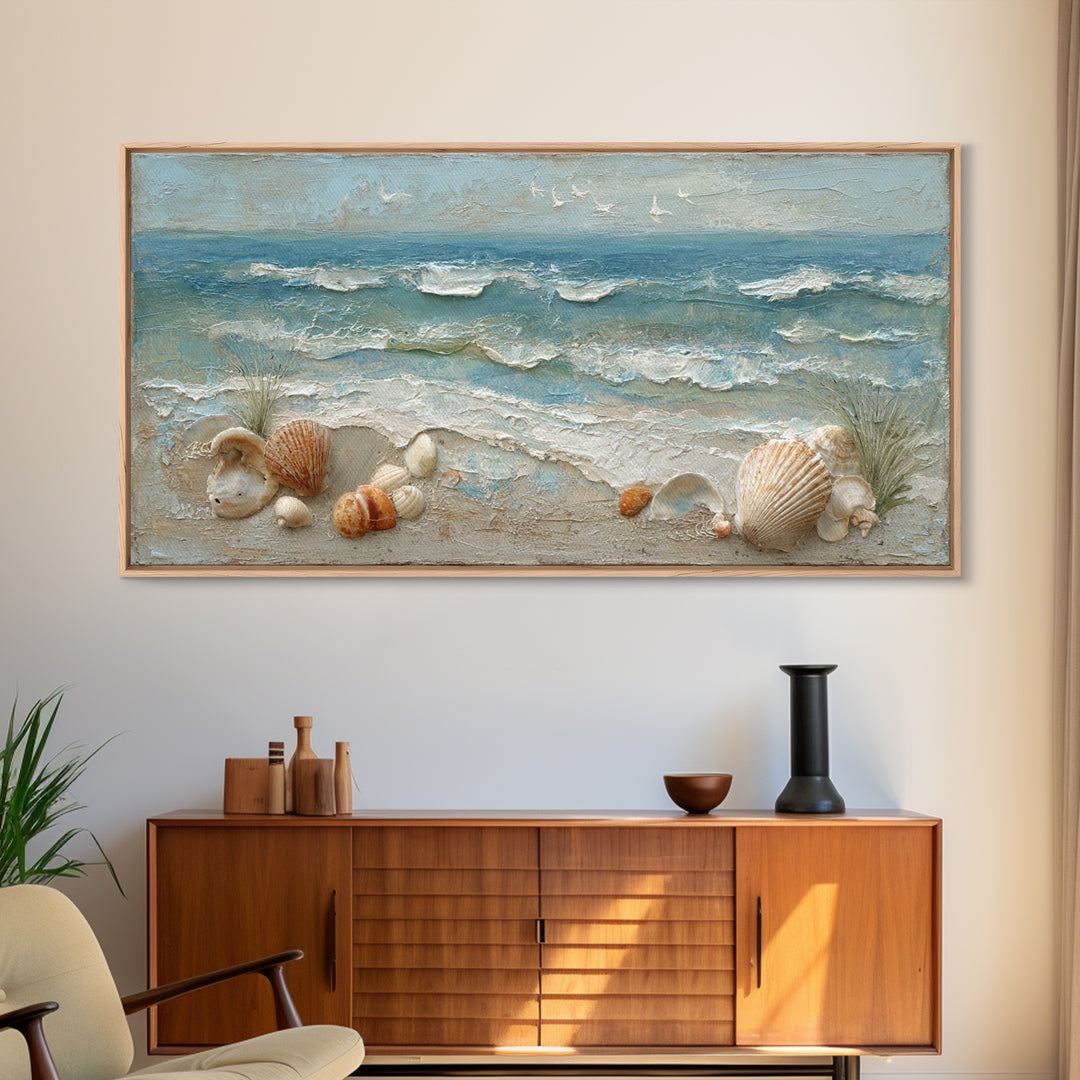 Beachy Shell and Palm Arrangement Framed Canvas Print, Patio Art, Porch Decor, Patio Decor, Fine Art, Outdoor, Fine Art Print, PAT-2x1-87