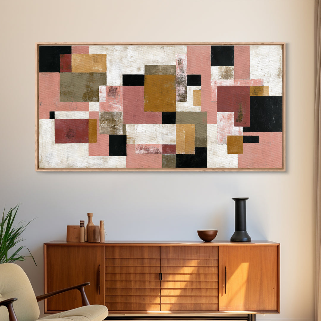Warm Geometric Tile Pattern Framed Canvas Print, Patio Art, Floral Wall Art, Patio Decor, Abstract Art, Outdoor, PAT-2x1-92