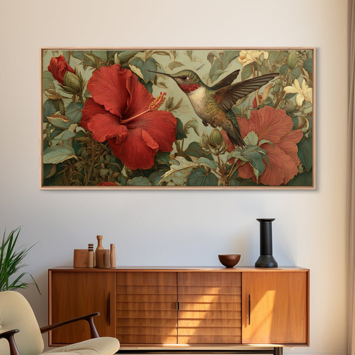 Hummingbird Visiting Bright Hibiscus Framed Canvas Print, Patio Art, Outdoor Art, Patio Decor, Fine Art, Outdoor, PAT-2x1-95