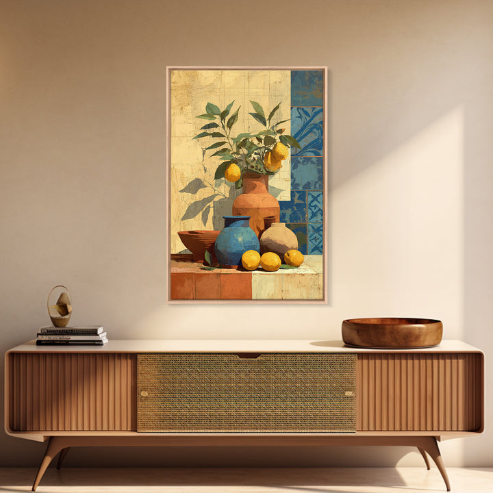 Mediterranean Lemons and Blue Tile Pattern Canvas Print, Patio Art, Luxury Decor, Patio Decor, Fine Art, Outdoor, Wall Hanging, PAT-2x3-10