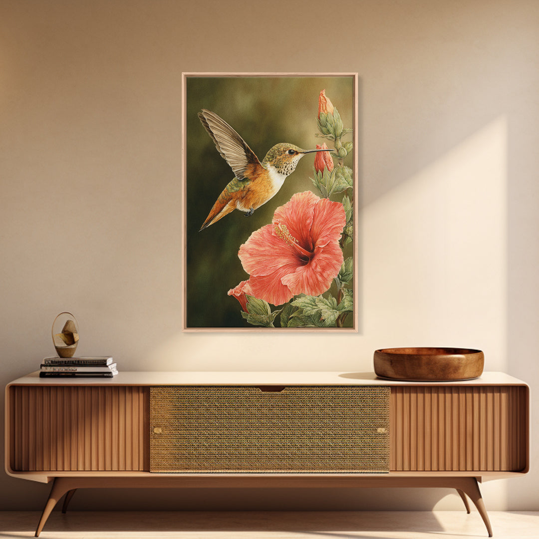 Hummingbird Visiting Bright Hibiscus Canvas Print, Patio Art, Patio, Patio Decor, Abstract Art, Outdoor, Minimalist Decor, PAT-2x3-11