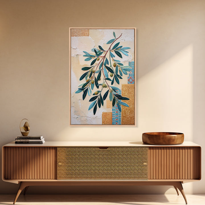 Olive Branch Wreath on Warm Plaster Framed Canvas Print, Patio Art, Outdoor Decor, Patio Decor, Fine Art, Outdoor, Bar Art, PAT-2x3-17