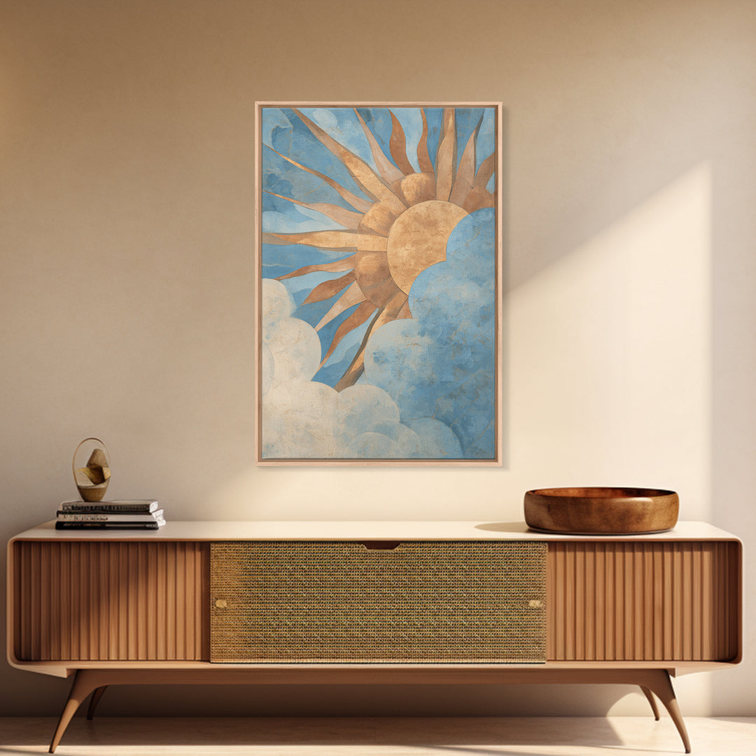 Sun Motif with Warm Terracotta Rays Framed Canvas Print, Patio Art, Boho Decor, Patio Decor, Abstract Art, Outdoor, PAT-2x3-2