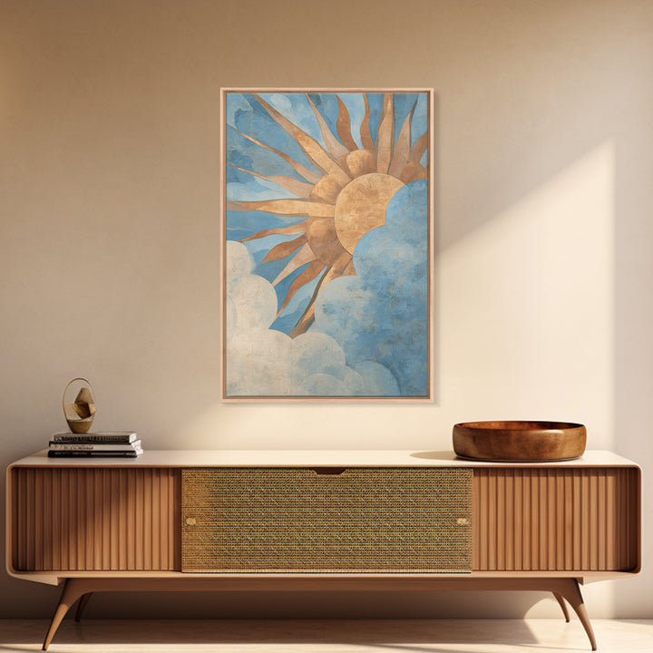 Sun Motif with Warm Terracotta Rays Framed Canvas Print, Patio Art, Boho Decor, Patio Decor, Abstract Art, Outdoor, PAT-2x3-2