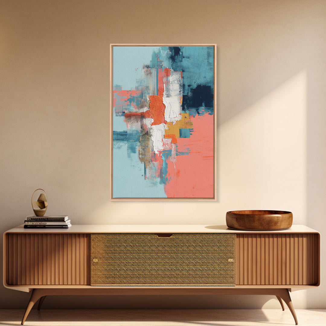 Bright Coral and Turquoise Abstract for Outdoors Framed Canvas Print, Patio Art, Wall Hanging, Patio Decor, Abstract Art, PAT-2x3-20