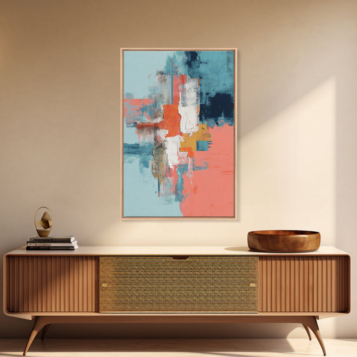 Bright Coral and Turquoise Abstract for Outdoors Framed Canvas Print, Patio Art, Wall Hanging, Patio Decor, Abstract Art, PAT-2x3-20