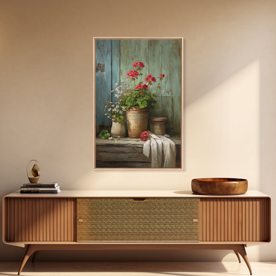 Potted Geraniums in Rustic Clay Pots Framed Canvas Print, Patio Art, Textured Painting, Patio Decor, Fine Art, Outdoor, PAT-2x3-22