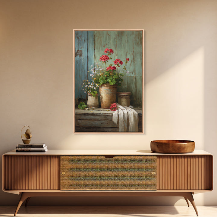Potted Geraniums in Rustic Clay Pots Framed Canvas Print, Patio Art, Textured Painting, Patio Decor, Fine Art, Outdoor, PAT-2x3-22