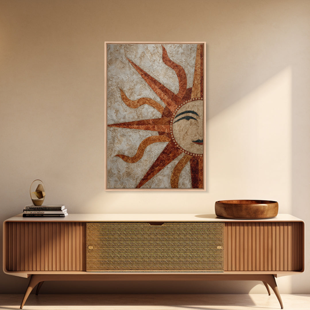 Sun Motif with Warm Terracotta Rays Framed Canvas Print, Patio Art, Boho Decor, Patio Decor, Abstract Art, Outdoor, PAT-2x3-26