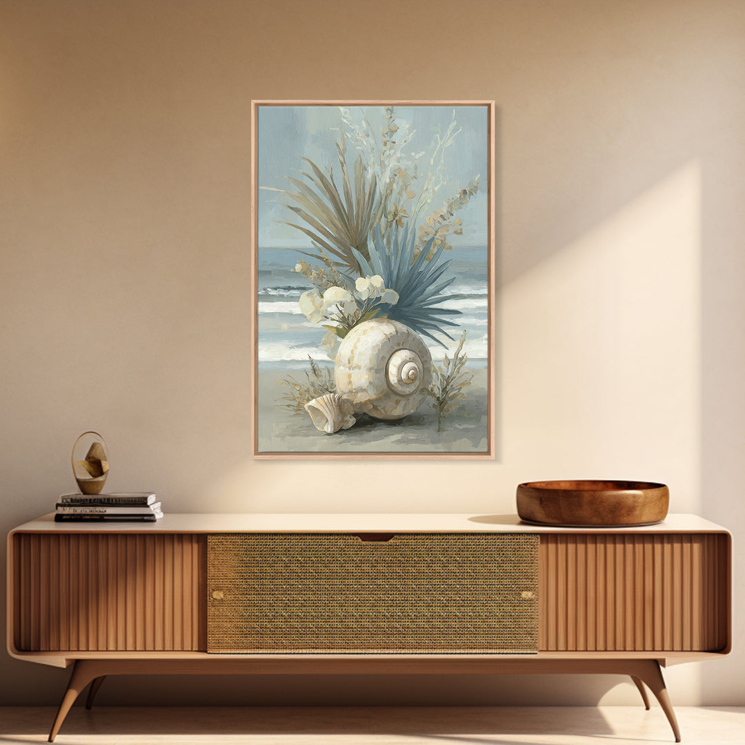 Beachy Shell and Palm Arrangement Framed Canvas Print, Patio Art, Rustic Decor, Patio Decor, Fine Art, Outdoor, PAT-2x3-3