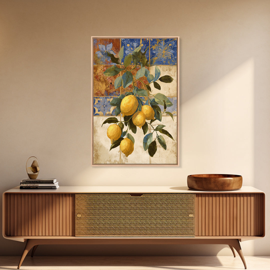 Mediterranean Lemons and Blue Tile Pattern Framed Canvas Print, Patio Art, Contemporary Art, Patio Decor, Fine Art, Outdoor, PAT-2x3-34