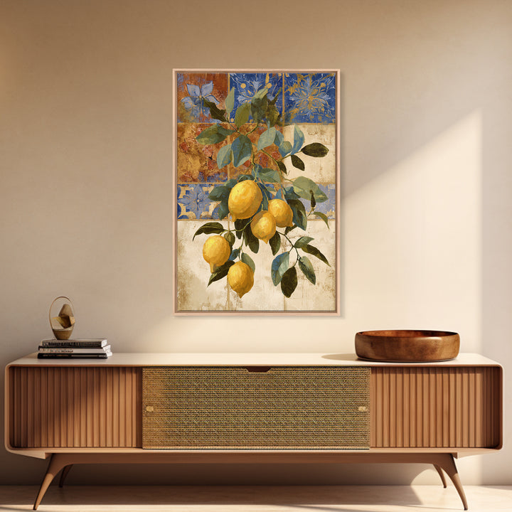 Mediterranean Lemons and Blue Tile Pattern Framed Canvas Print, Patio Art, Contemporary Art, Patio Decor, Fine Art, Outdoor, PAT-2x3-34