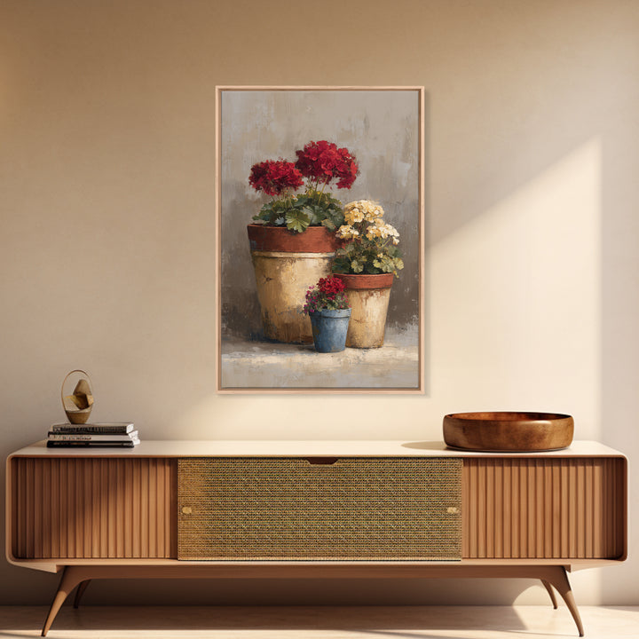 Potted Geraniums in Rustic Clay Pots Framed Canvas Print, Patio Art, Textured Painting, Patio Decor, Fine Art, Outdoor, PAT-2x3-46
