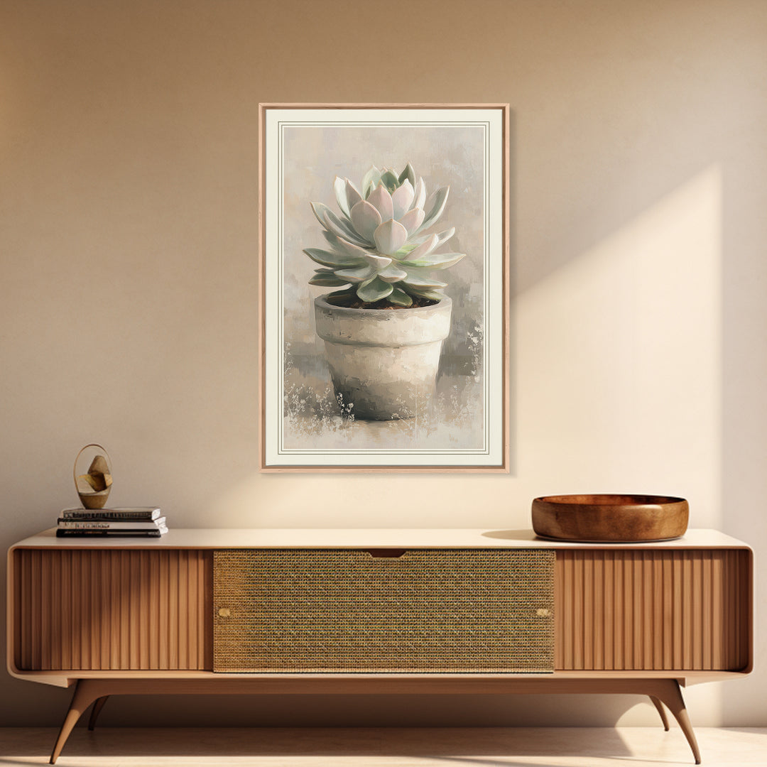 Succulent Collection in Ceramic Planters Framed Canvas Print, Patio Art, Garden Decor, Patio Decor, Oil Painting, Outdoor, PAT-2x3-53