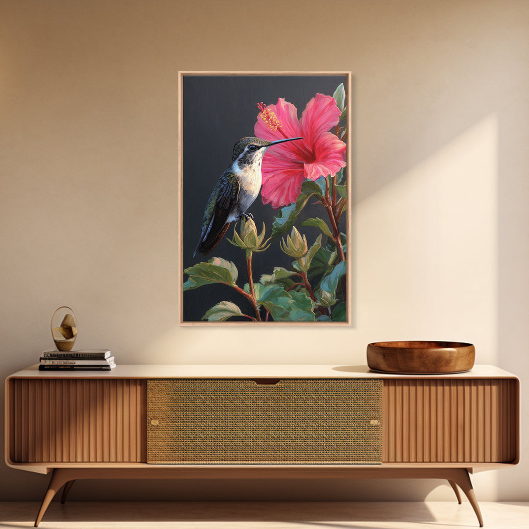 Hummingbird Visiting Bright Hibiscus Framed Canvas Print, Patio Art, Decor, Patio Decor, Oil Painting, Outdoor, PAT-2x3-59