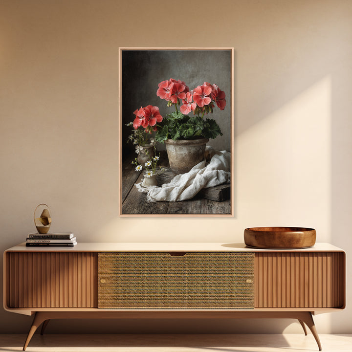 Potted Geraniums in Rustic Clay Pots Canvas Print, Patio Art, Wall Decor, Patio Decor, Fine Art, Outdoor, Coastal Decor, PAT-2x3-70