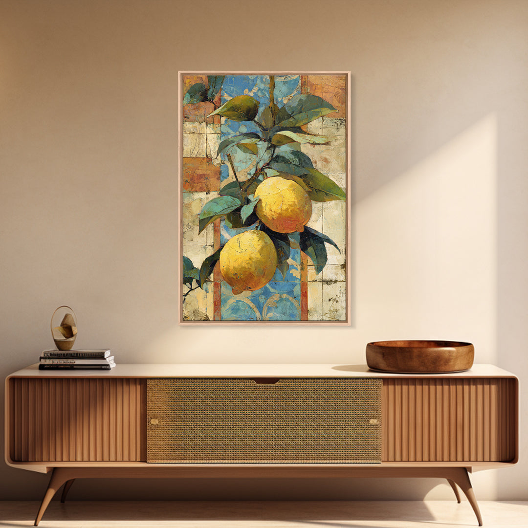 Mediterranean Lemons and Blue Tile Pattern Canvas Print, Patio Art, Metal Wall Art, Patio Decor, Outdoor, Coastal Wall Decor, PAT-2x3-82