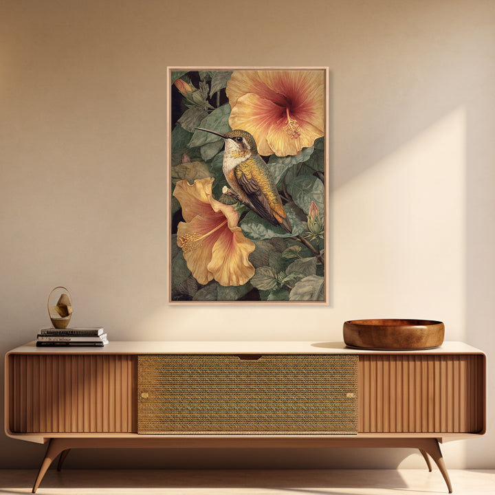 Hummingbird Visiting Bright Hibiscus Framed Canvas Print, Patio Art, Coastal Decor, Patio Decor, Abstract Art, Outdoor, PAT-2x3-83