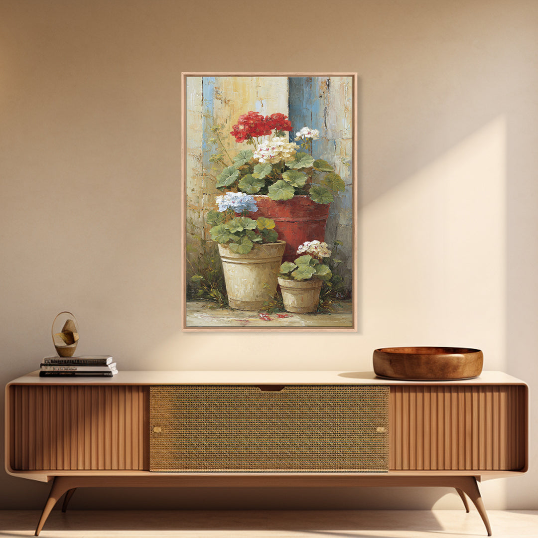 Potted Geraniums in Rustic Clay Pots Framed Canvas Print, Patio Art, Garden Art, Patio Decor, Outdoor, Beach House Decor, PAT-2x3-94