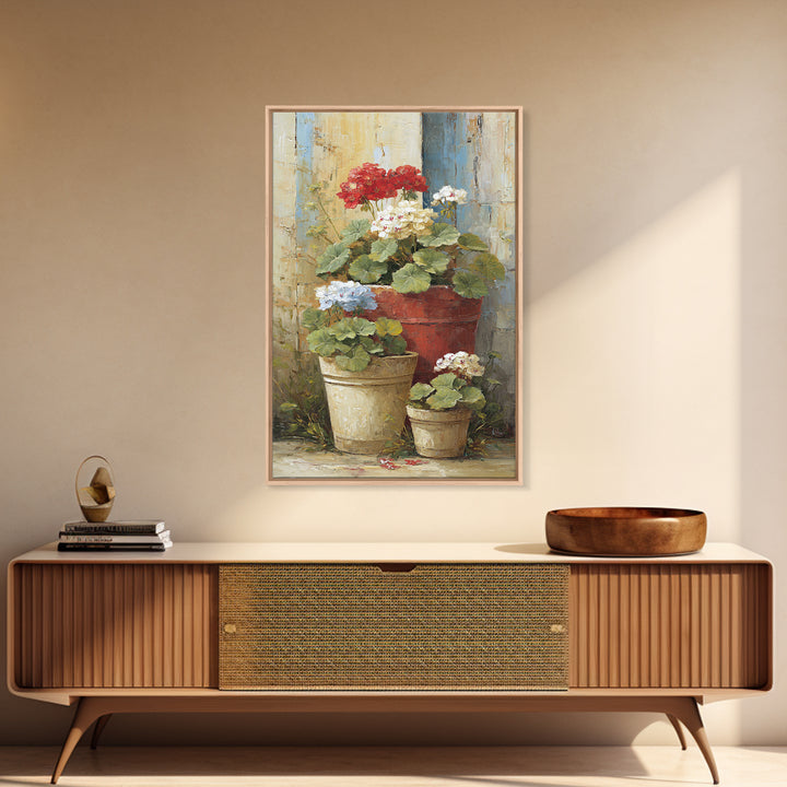 Potted Geraniums in Rustic Clay Pots Framed Canvas Print, Patio Art, Garden Art, Patio Decor, Outdoor, Beach House Decor, PAT-2x3-94
