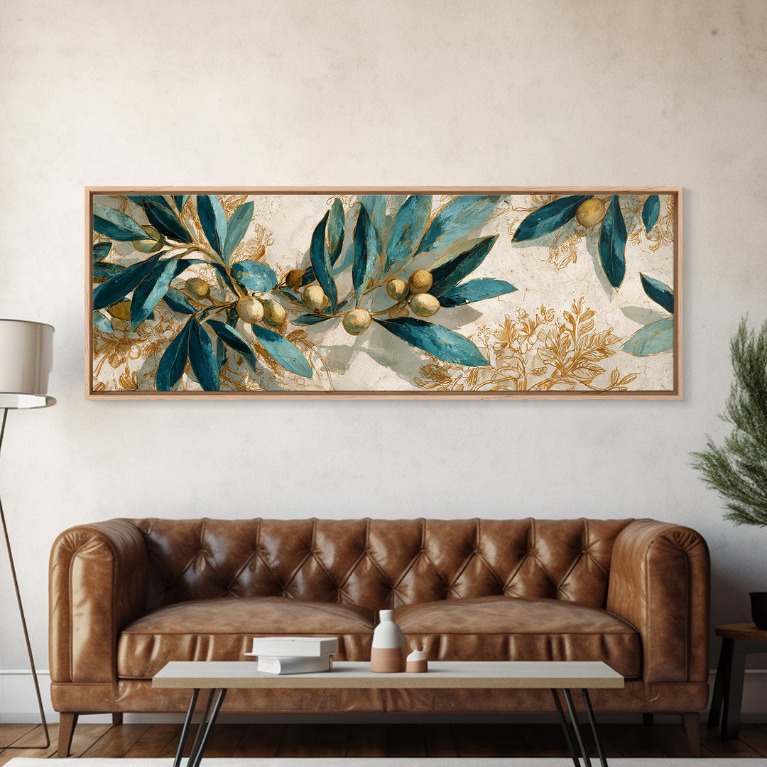 Olive Branch Wreath on Warm Plaster Framed Canvas Print, Patio Art, Floral Wall Art, Patio Decor, Outdoor, Mixed Media Art, PAT-3x1-1