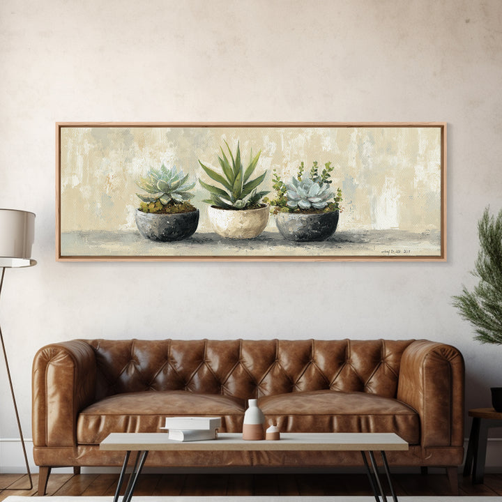 Succulent Collection in Ceramic Planters Canvas Print, Patio Art, Yard Art, Patio Decor, Fine Art, Outdoor, Lake House Decor, PAT-3x1-13