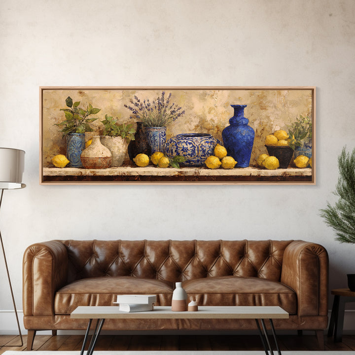 Mediterranean Lemons and Blue Tile Pattern Framed Canvas Print, Patio Art, Outdoor Wall Art, Patio Decor, Fine Art, Outdoor, PAT-3x1-18