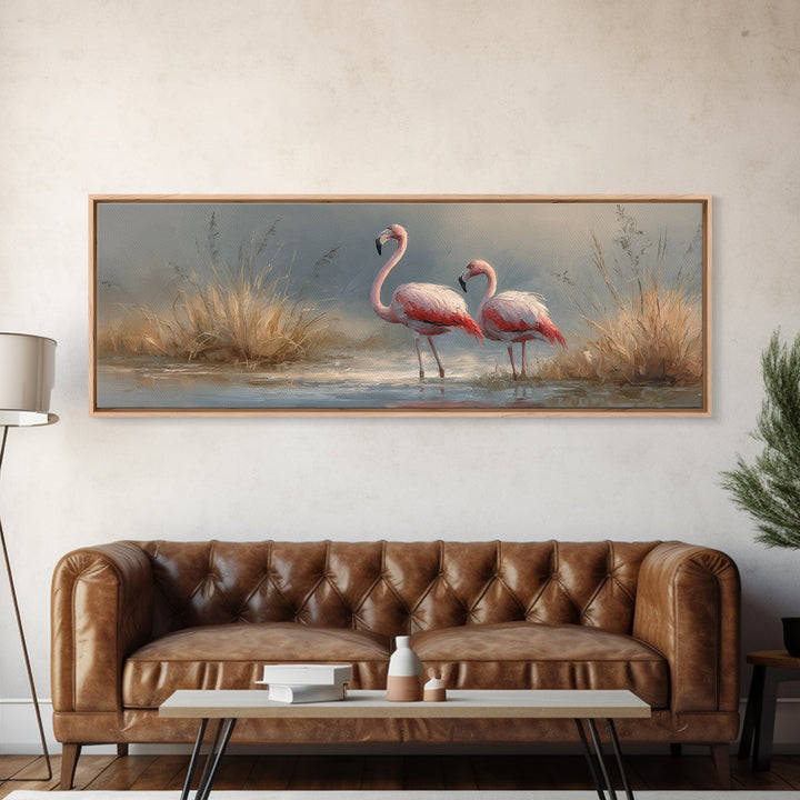 Flamingo Pair Beside Shallow Water Framed Canvas Print, Patio Art, Metal Wall Art, Patio Decor, Outdoor, Coastal Wall Decor, PAT-3x1-2