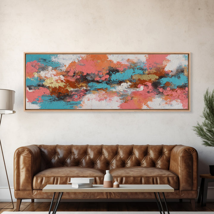 Bright Coral and Turquoise Abstract for Outdoors Framed Canvas Print, Patio Art, Rustic Decor, Patio Decor, Abstract Art, PAT-3x1-28