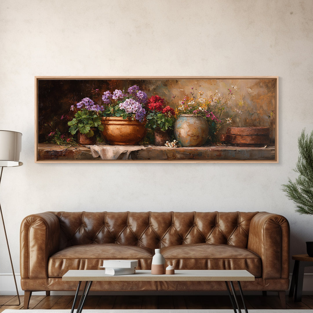 Potted Geraniums in Rustic Clay Pots Canvas Print, Patio Art, Wall Art, Patio Decor, Fine Art, Outdoor, Outdoor Wall Decor, PAT-3x1-30