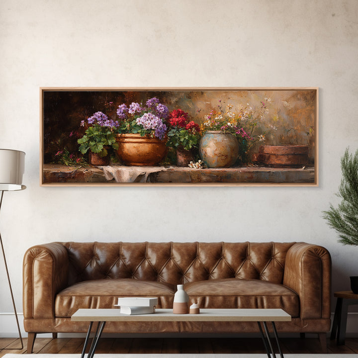 Potted Geraniums in Rustic Clay Pots Canvas Print, Patio Art, Wall Art, Patio Decor, Fine Art, Outdoor, Outdoor Wall Decor, PAT-3x1-30