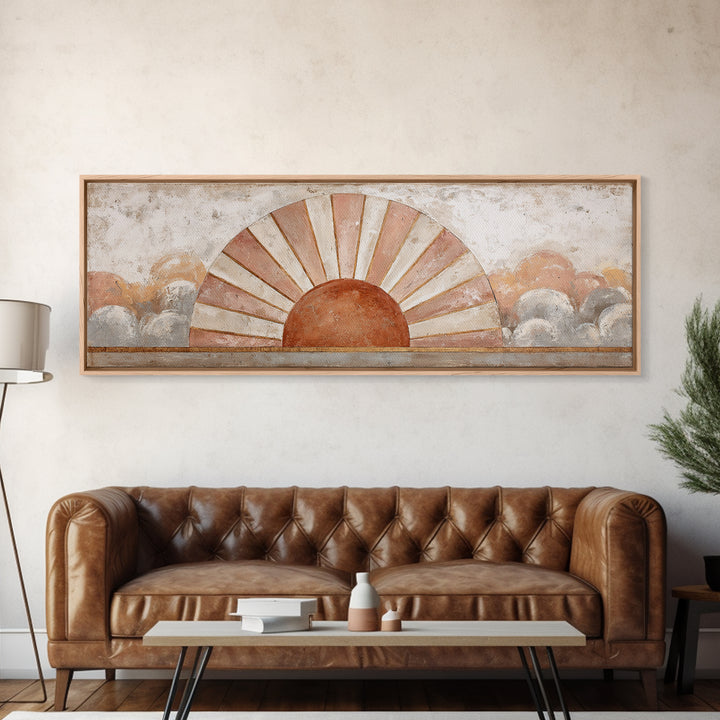 Sun Motif with Warm Terracotta Rays Canvas Print, Patio Art, Garden Decor, Patio Decor, Abstract Art, Outdoor, Beach Art, PAT-3x1-34