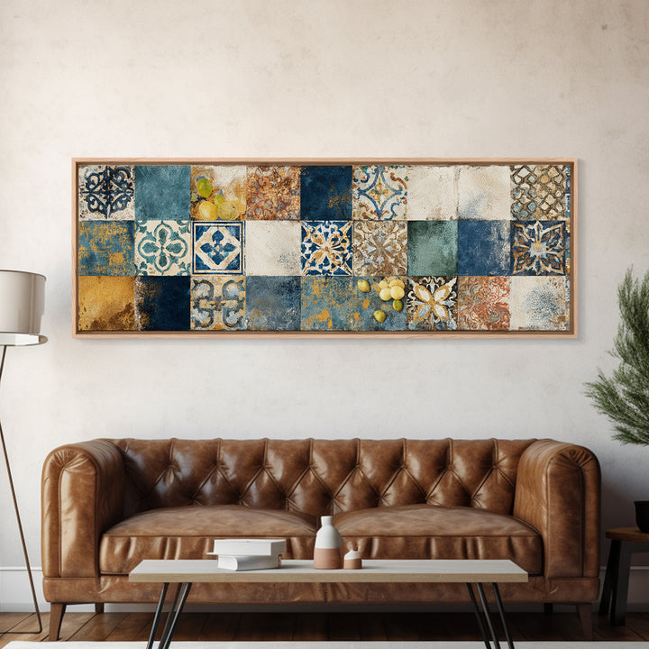 Mediterranean Lemons and Blue Tile Pattern Canvas Print, Patio Art, Coastal Decor, Patio Decor, Outdoor, Family Wall Art, PAT-3x1-42
