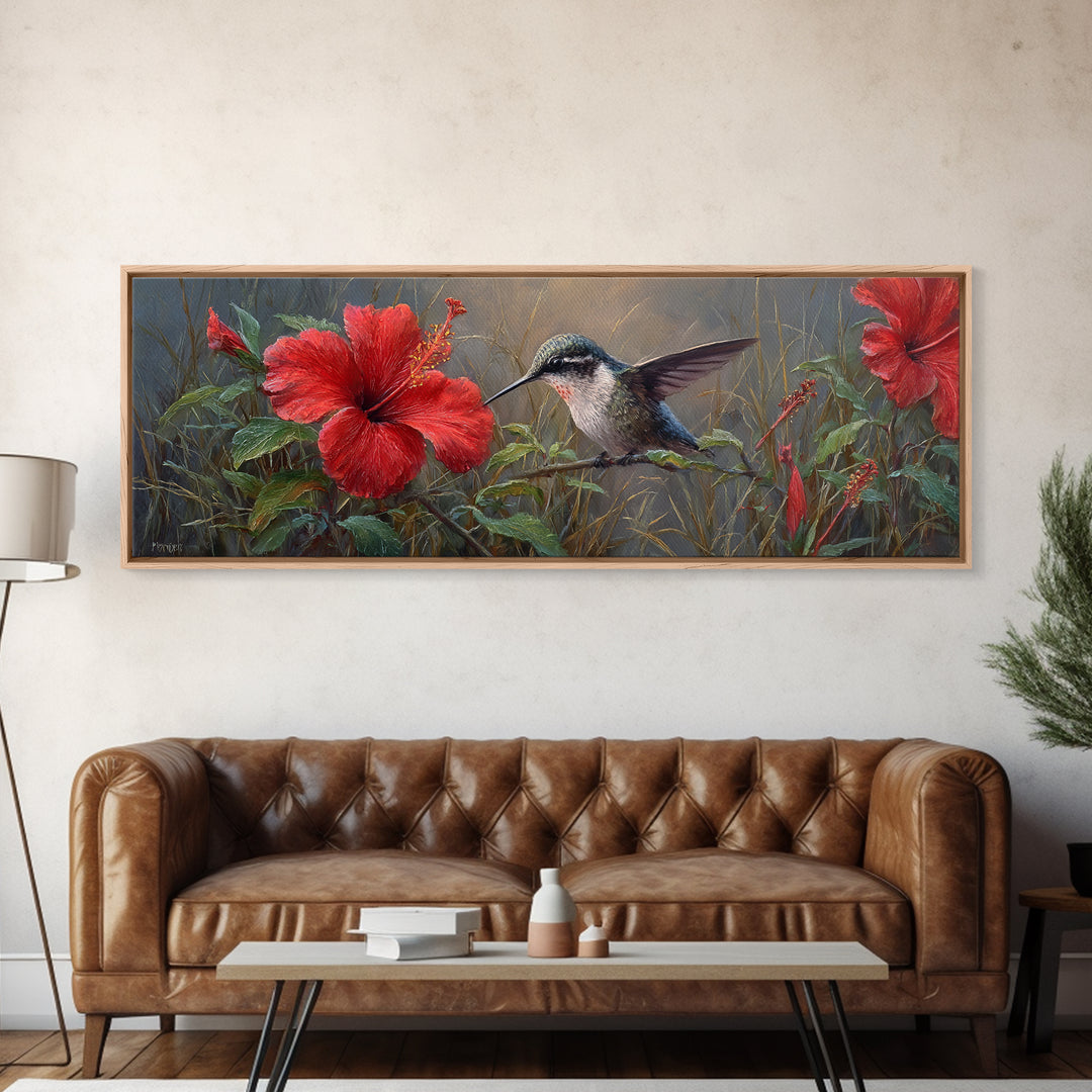 Hummingbird Visiting Bright Hibiscus Canvas Print, Patio Art, Wall Decor, Patio Decor, Fine Art, Outdoor, Coastal Decor, PAT-3x1-43
