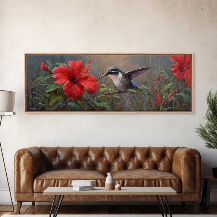 Hummingbird Visiting Bright Hibiscus Canvas Print, Patio Art, Wall Decor, Patio Decor, Fine Art, Outdoor, Coastal Decor, PAT-3x1-43