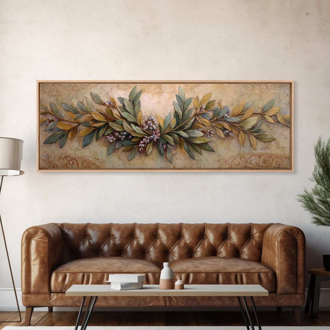 Olive Branch Wreath on Warm Plaster Canvas Print, Patio Art, Beach Art, Patio Decor, Fine Art, Outdoor, Neutral Decor, PAT-3x1-49